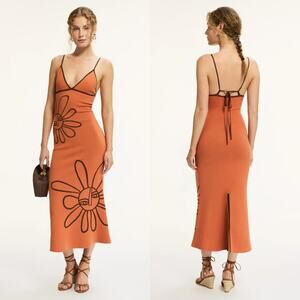 The Wolf Gang Soleil Knit Dress Midi Sheath Jaffa Orange with Brown Contrast XS